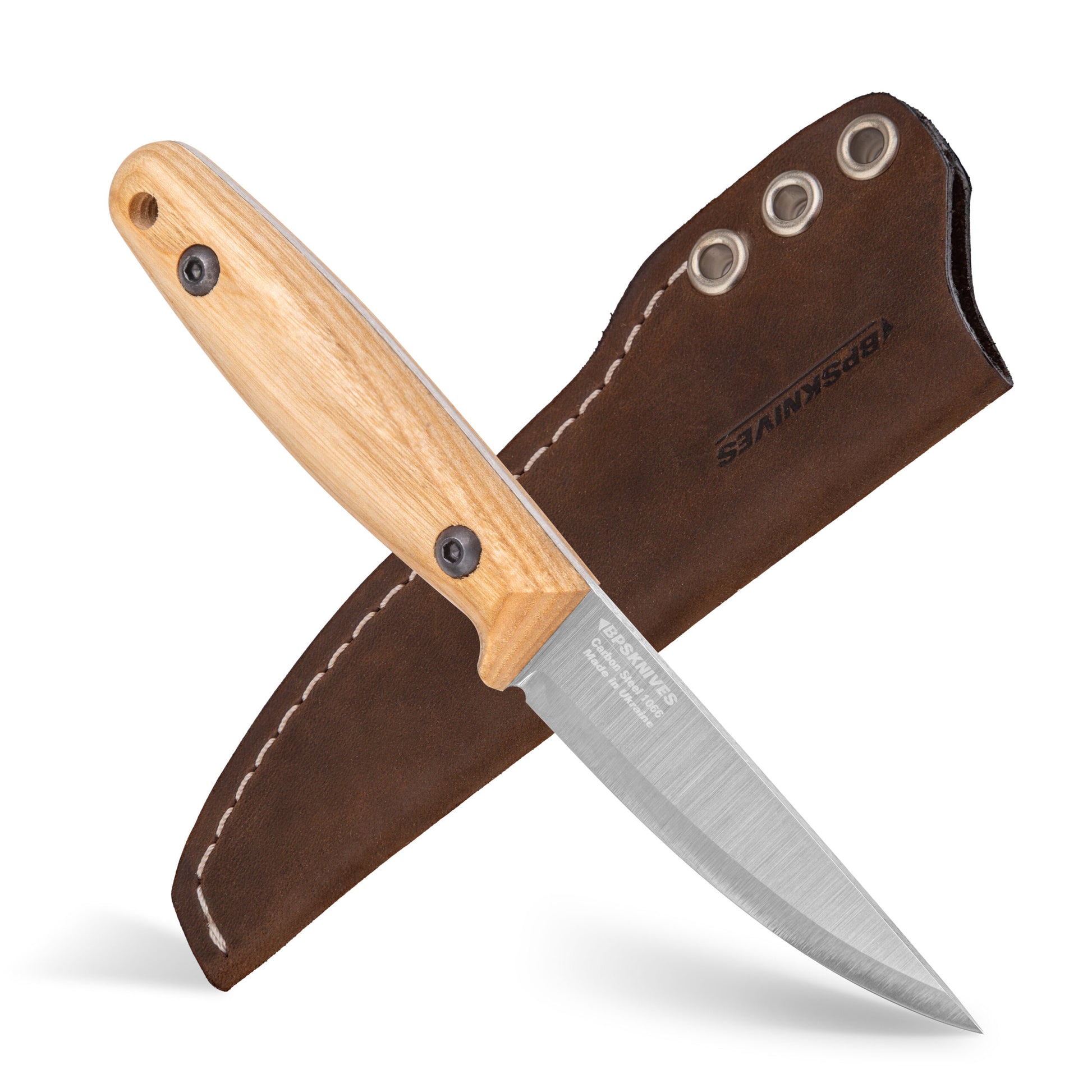 Knife with wooden handle and leather sheath on a white background