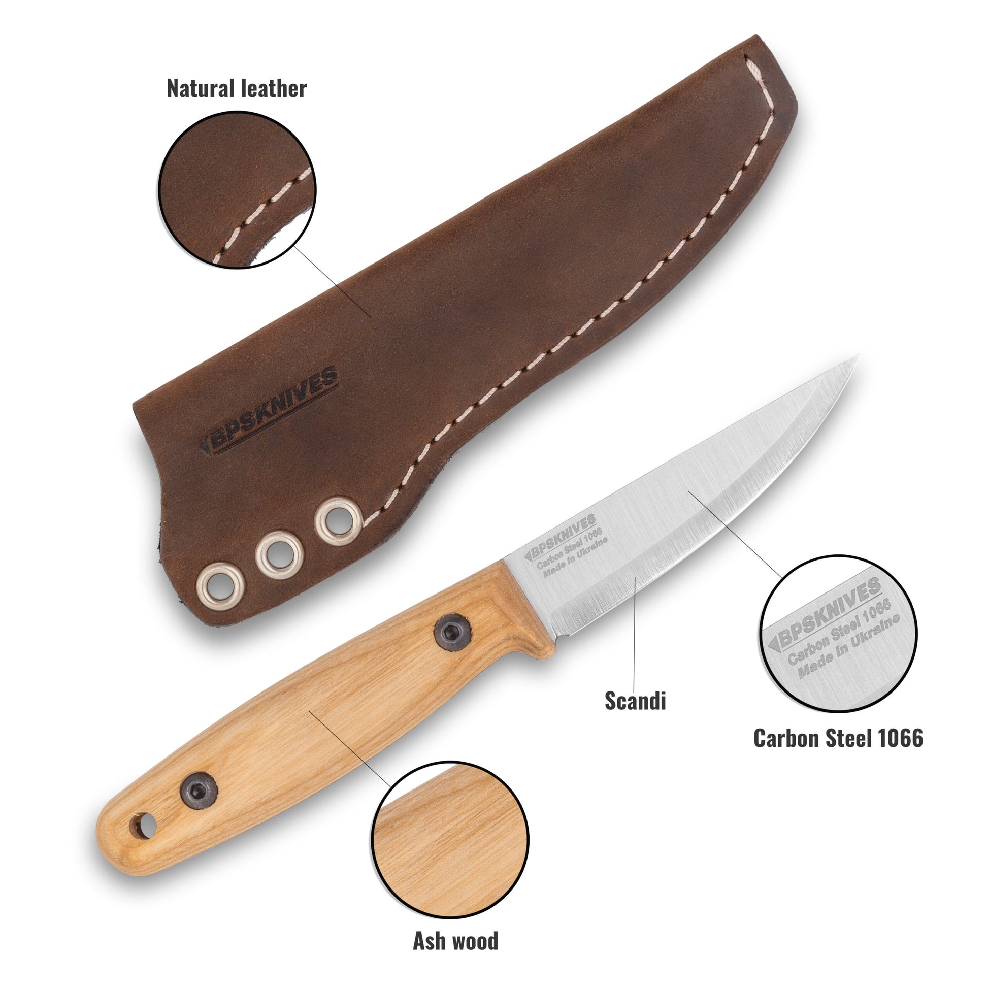 Camping Knife with wooden handle and leather sheath puuko
