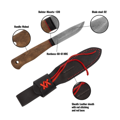 Knife with leather sheath on a white background, showing details of handle, blade, and sheath.