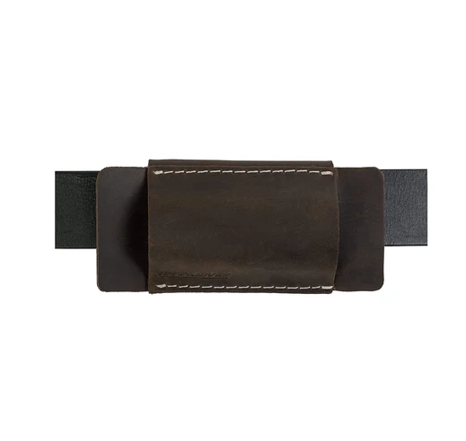 Brown leather belt with a strap on a white background