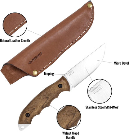 Knife with wooden handle and leather sheath 