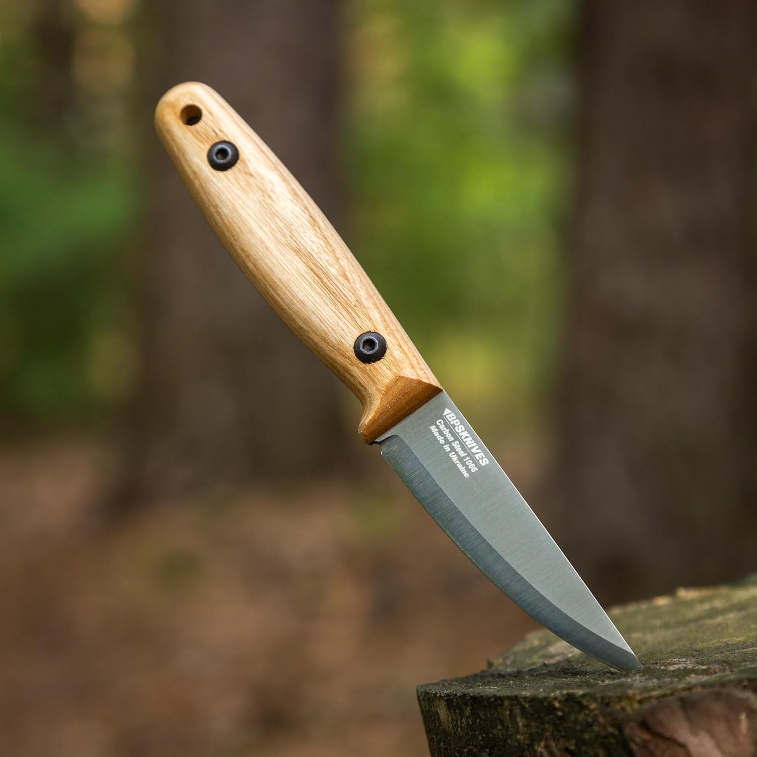 Knife with a wooden handle on a tree stump in a forest setting