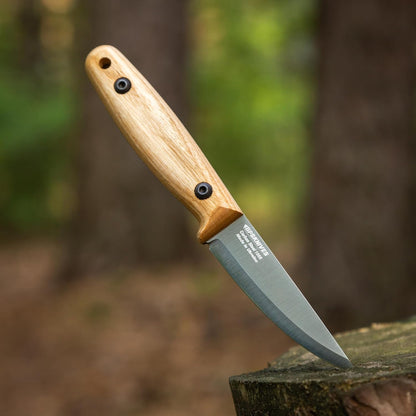 Knife with a wooden handle on a tree stump in a forest setting
