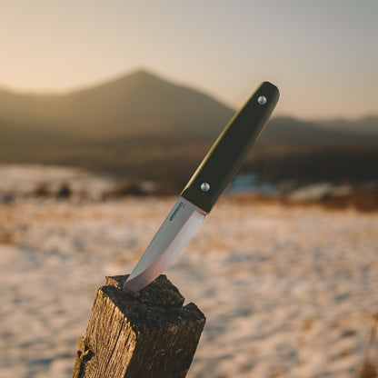 Knife stuck in a wooden post with a desert landscape in the background