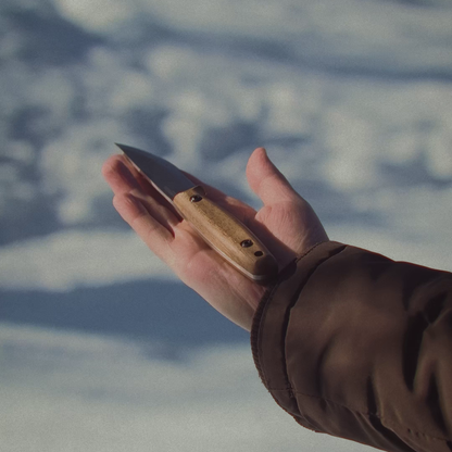 Hand holding a small knife with a wooden handle against a snowy background