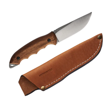 Knife with wooden handle and leather sheath on a white background