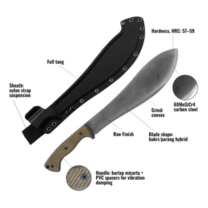 Machete with sheath on a white background, showing technical details.