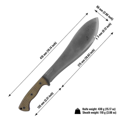 Machete with dimensions labeled on a white background