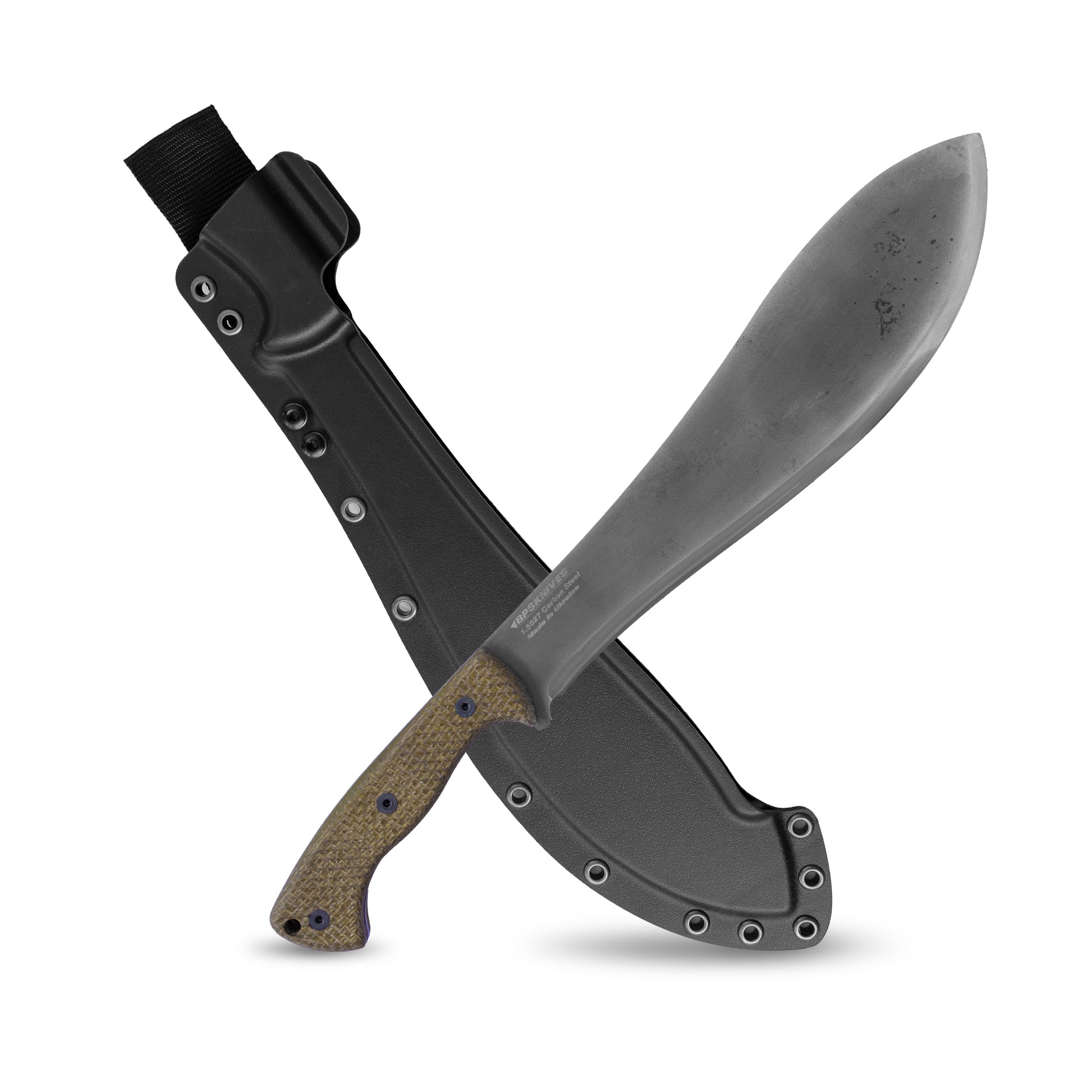 Black tactical knife with a sheath on a white background