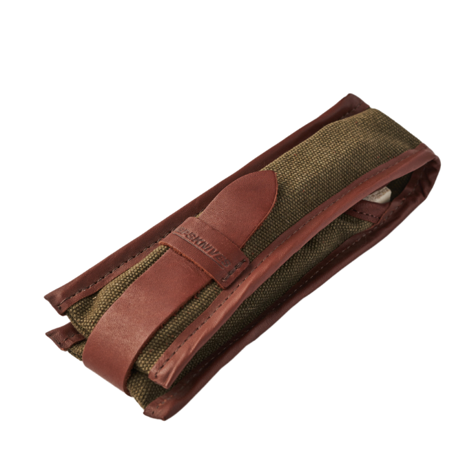 Green fabric belt with brown leather strap on a white background