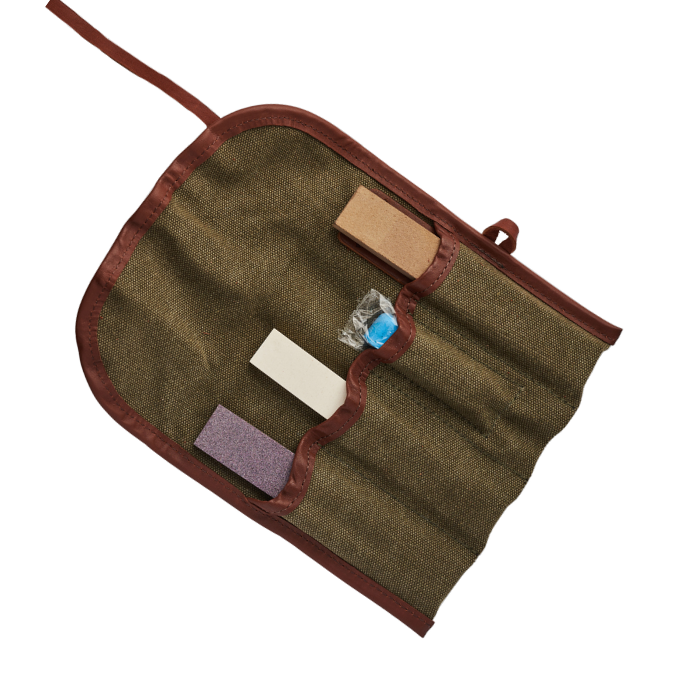 Brown fabric pouch with colorful rectangular items on a white background