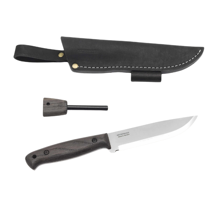 Knife with sheath and fire starter on a white background