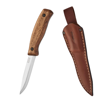 A bushcraft knife with a walnut wood handle and a drop point blade, accompanied by a brown leather sheath.