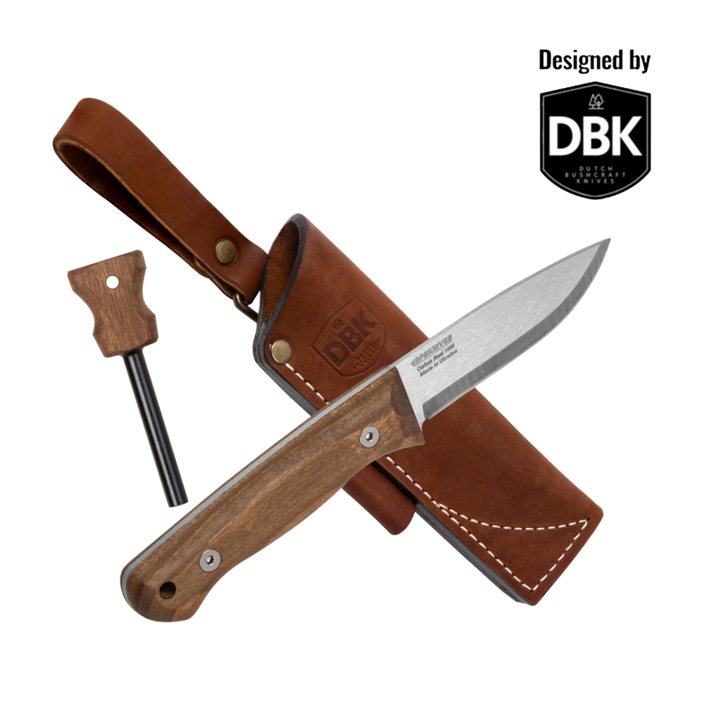 Knife with leather sheath and DBK logo on a white background
