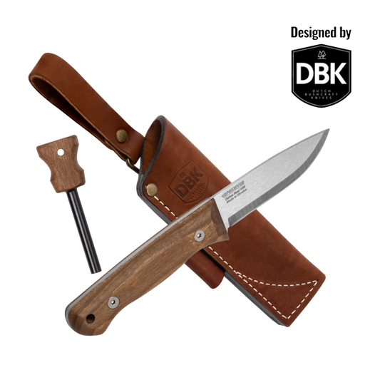 Knife with leather sheath and DBK logo on a white background