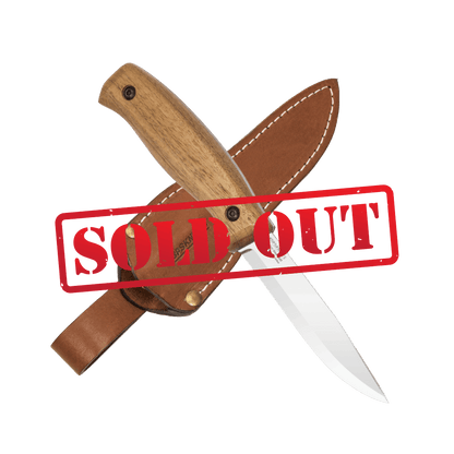Crossed knives with leather sheaths and 'SOLD OUT' stamp on a green background