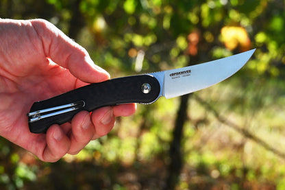 Hand holding a folding knife with a blurred natural background