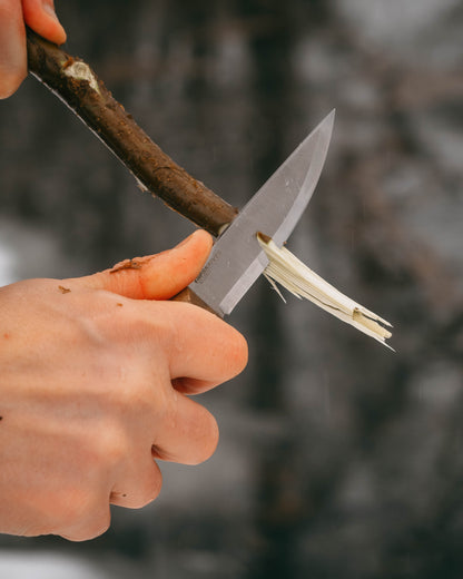A close-up action shot of a hand holding a small fixed-blade knife against a branch to carve or shave wood, with a piece of wood being removed. The background is a blurred outdoor scene.