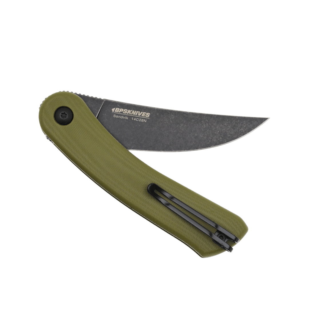 Folding knife with green handle and black blade on a transparent background