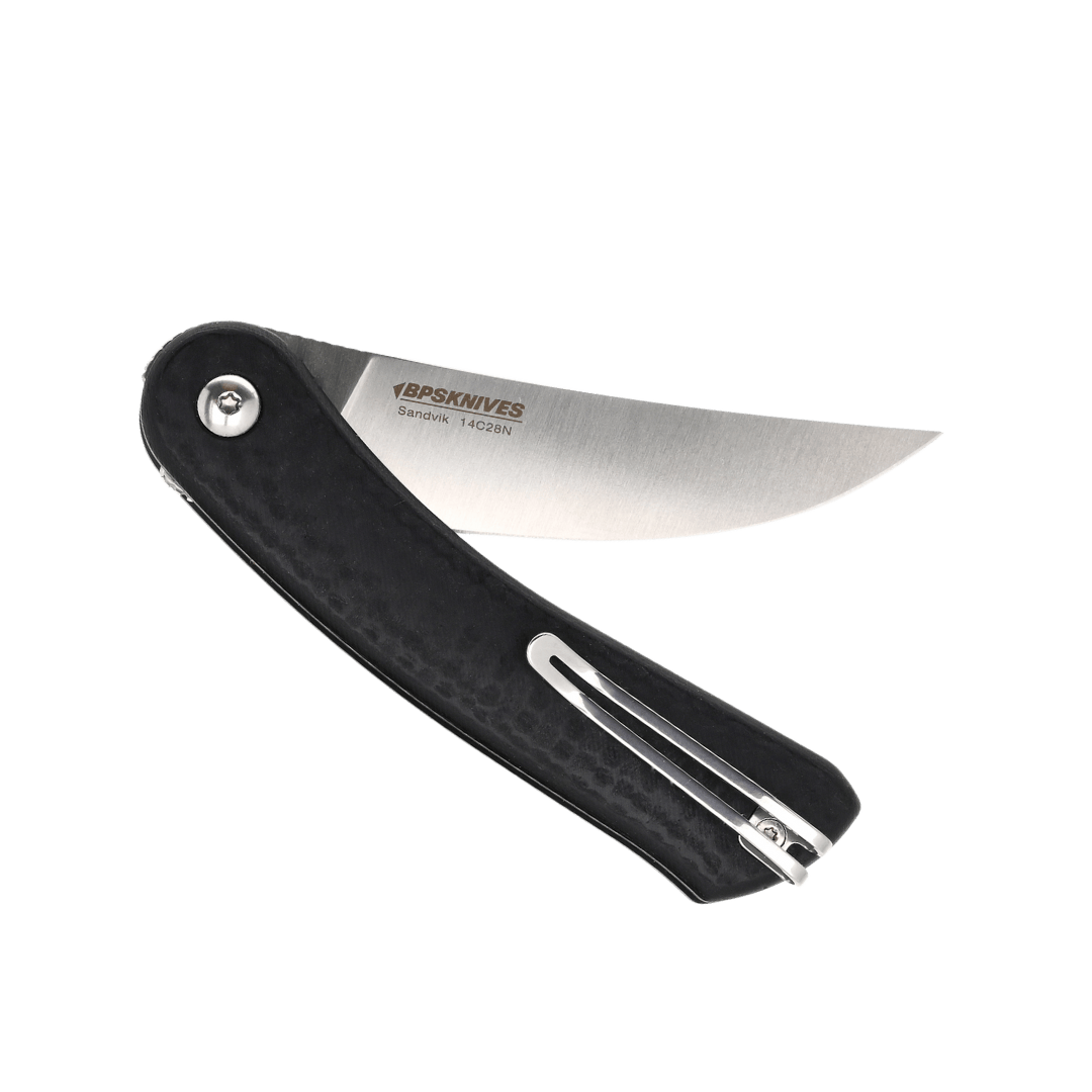 Folding knife with black handle and silver blade on a transparent background