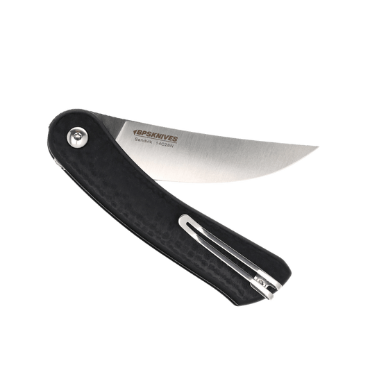 Folding knife with black handle and silver blade on a transparent background