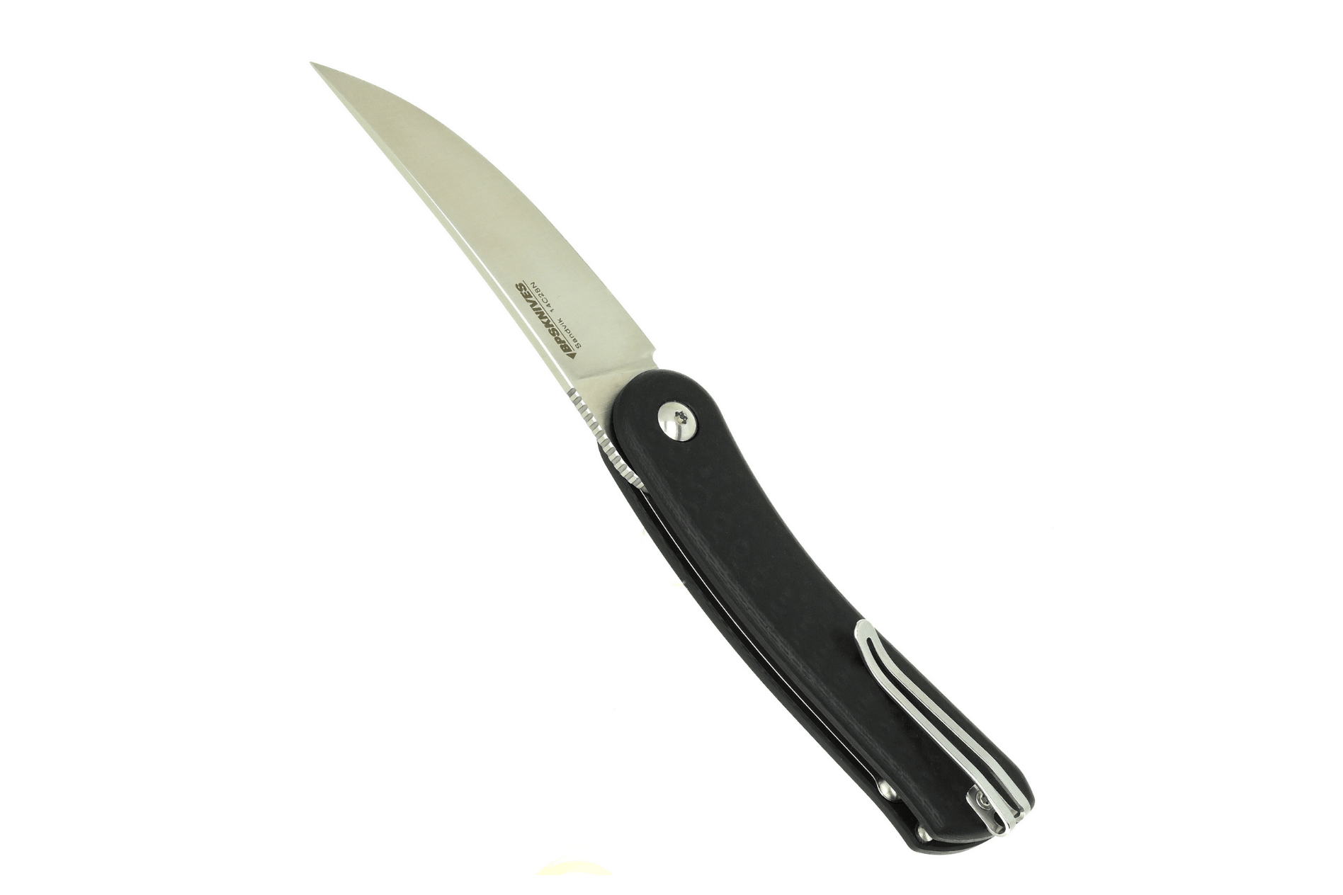 Folding knife with black handle on a white background
