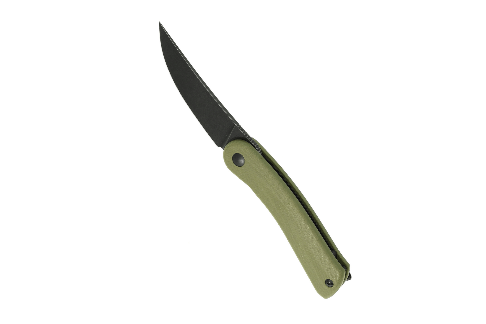 Folding knife with green handle and black blade on a white background