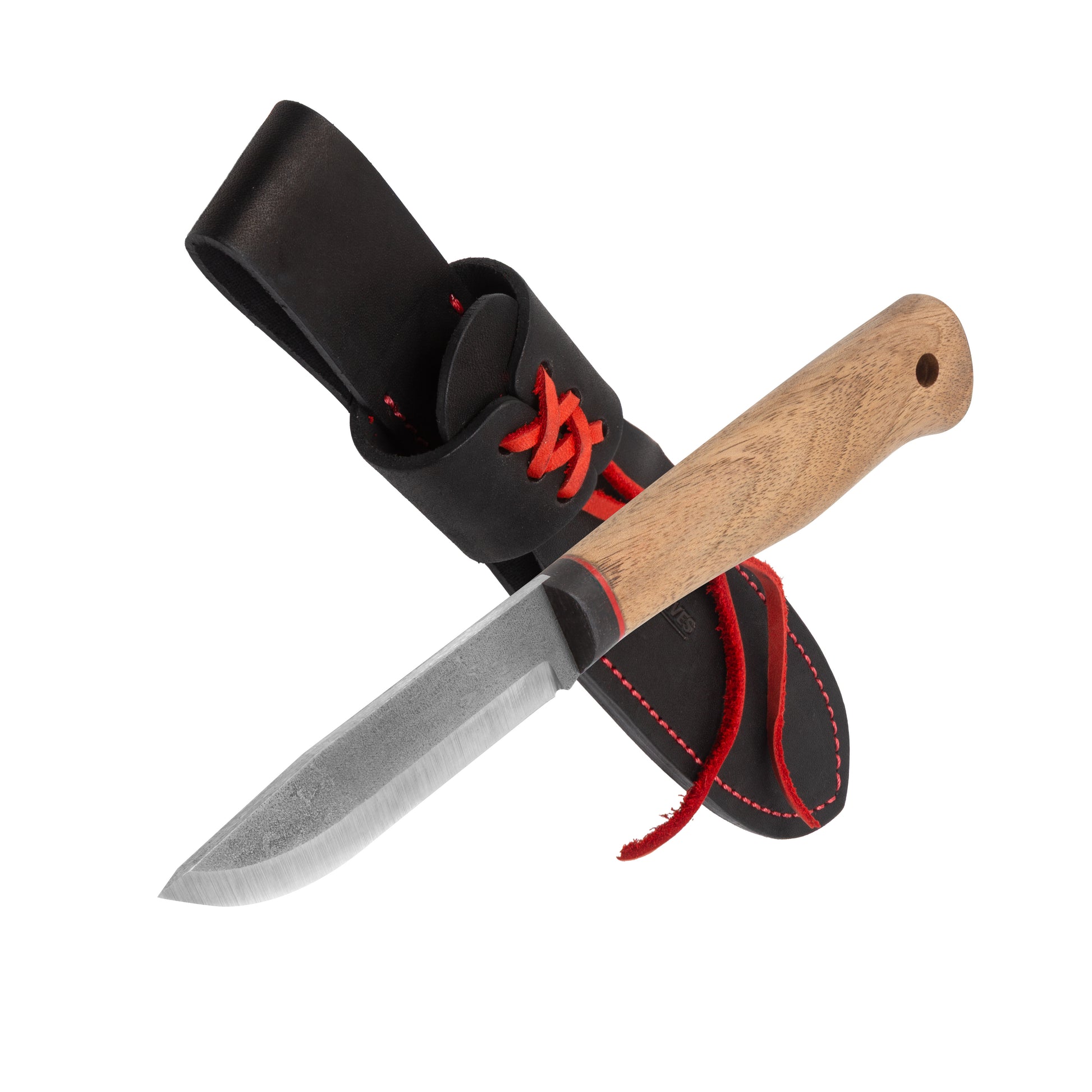 Knife with wooden handle and black sheath on a white background