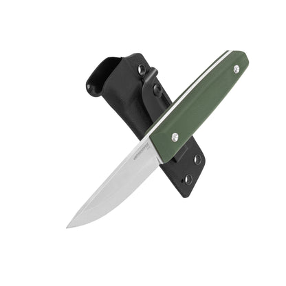 Folding knife with green handle and black sheath on a white background