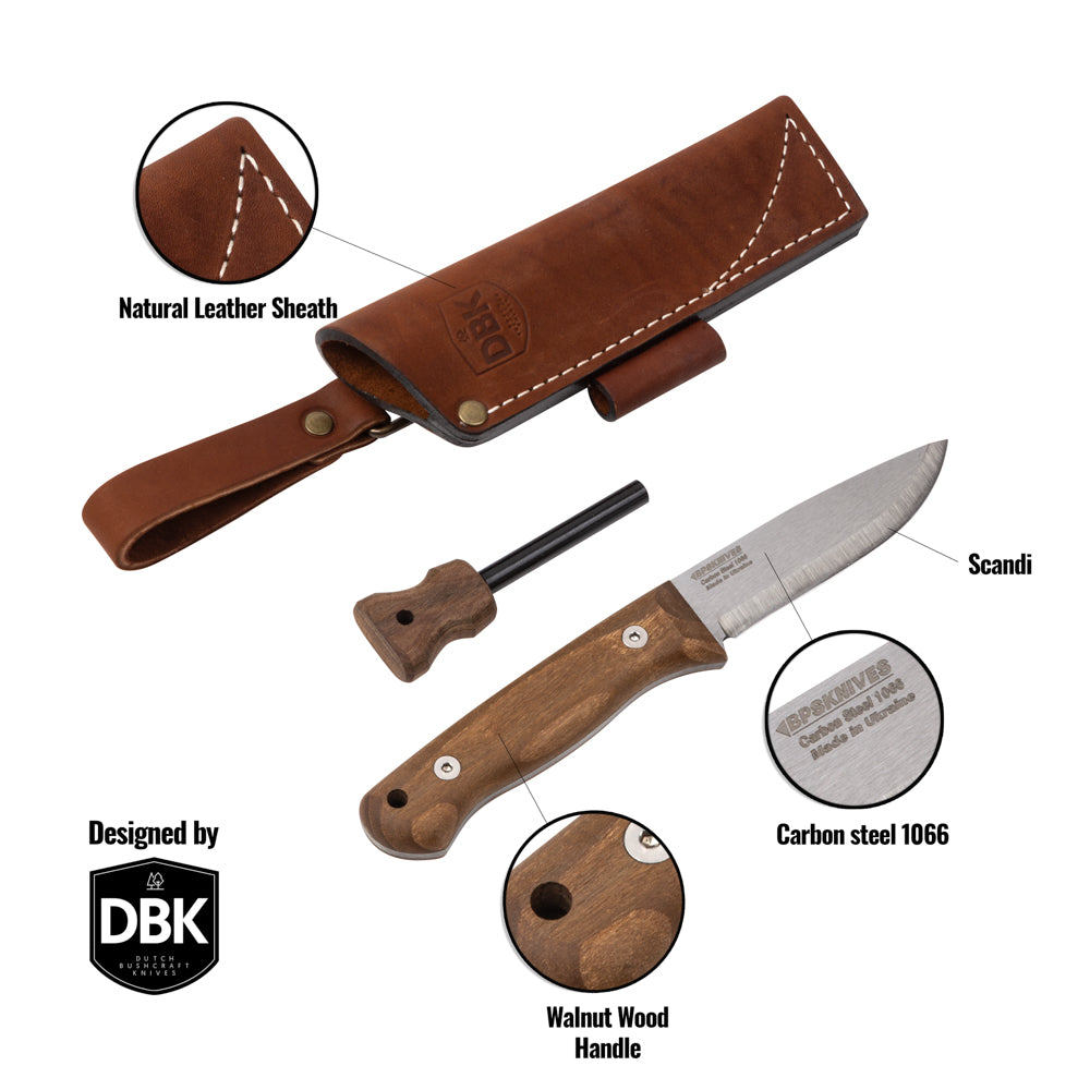 Bushcraft knife with leather sheath and firestarter