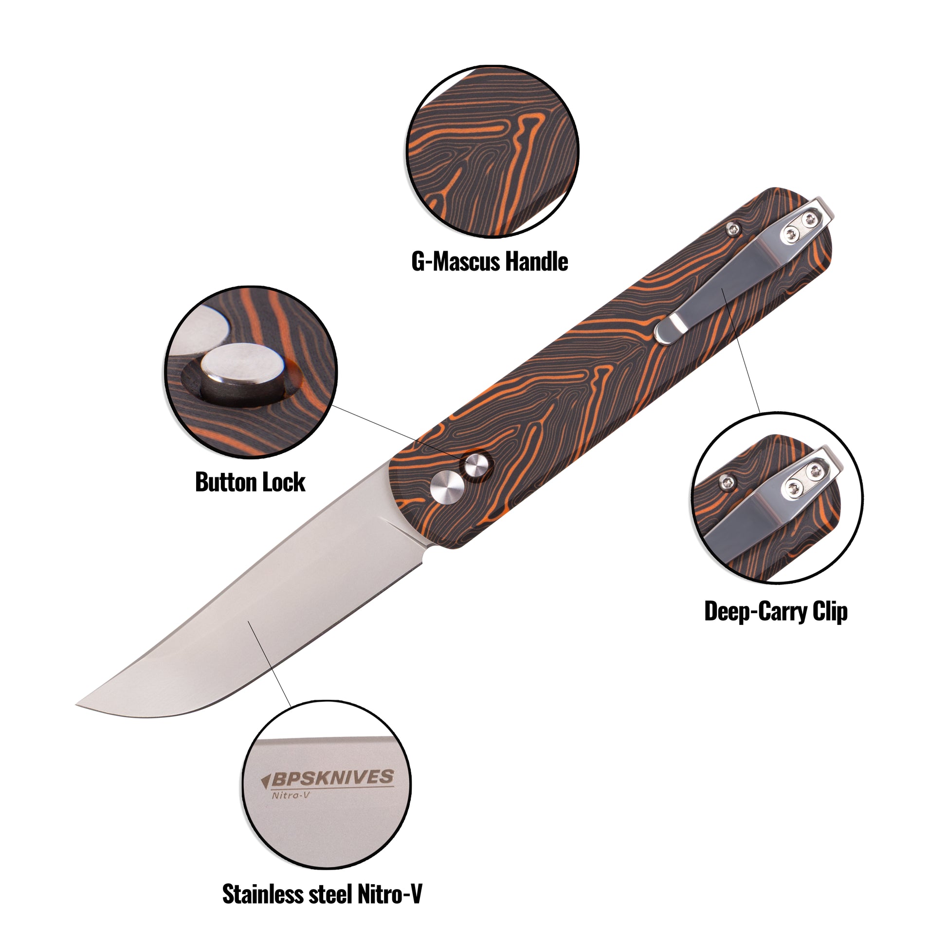 Folding knife with G-Mascus handle, button lock, deep-carry clip, and stainless steel Nitro-V blade on a white background.