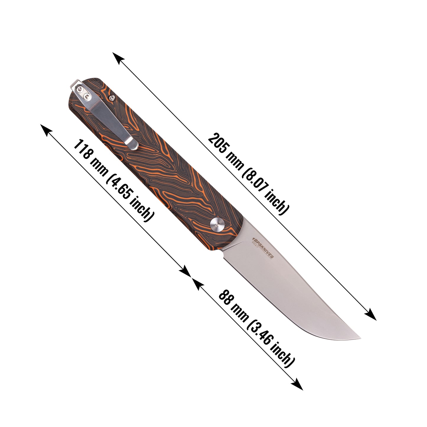 Folding knife with measurements on a white background