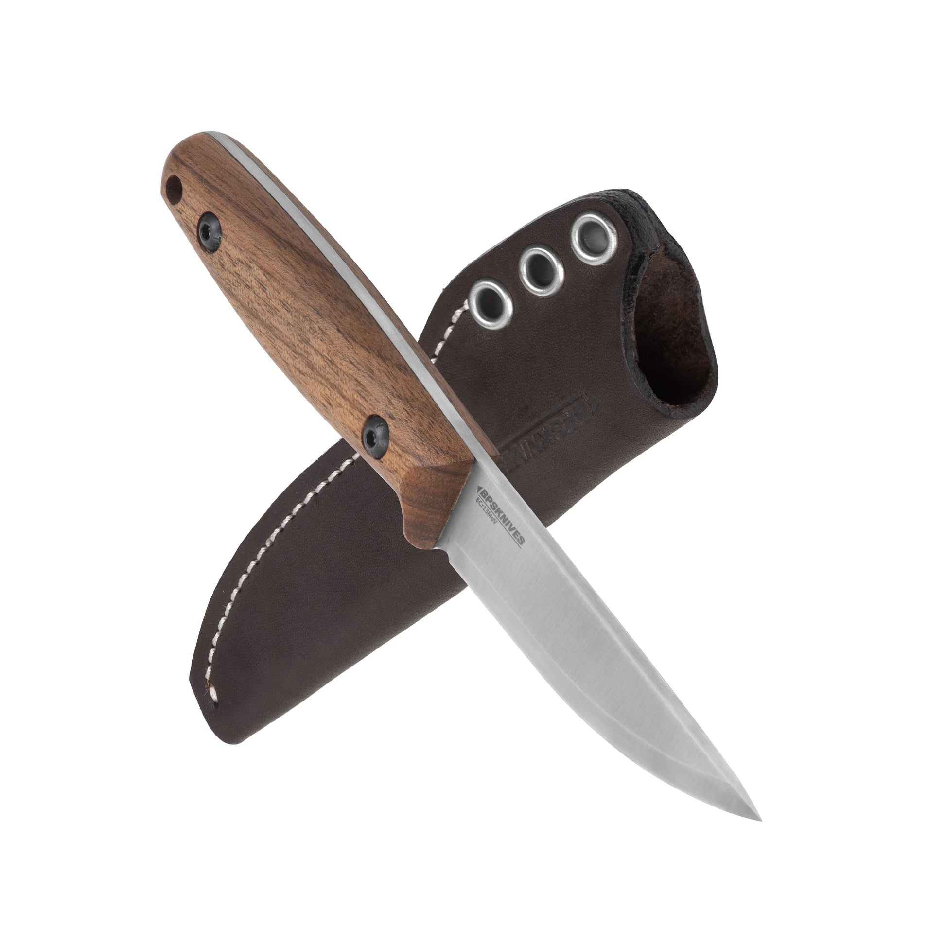 Knife with wooden handle and leather sheath on a white background