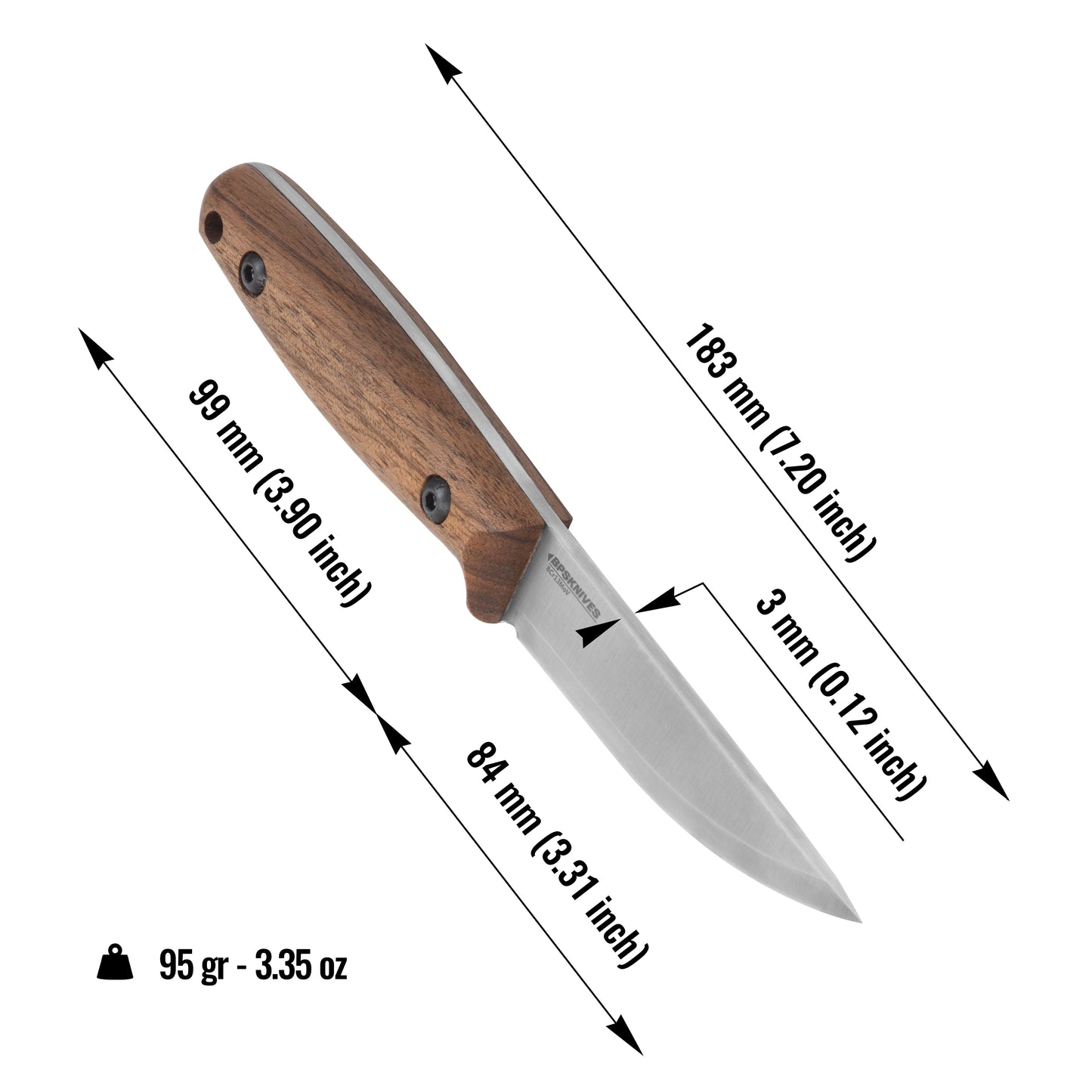 Measurement chart of a knife with dimensions labeled