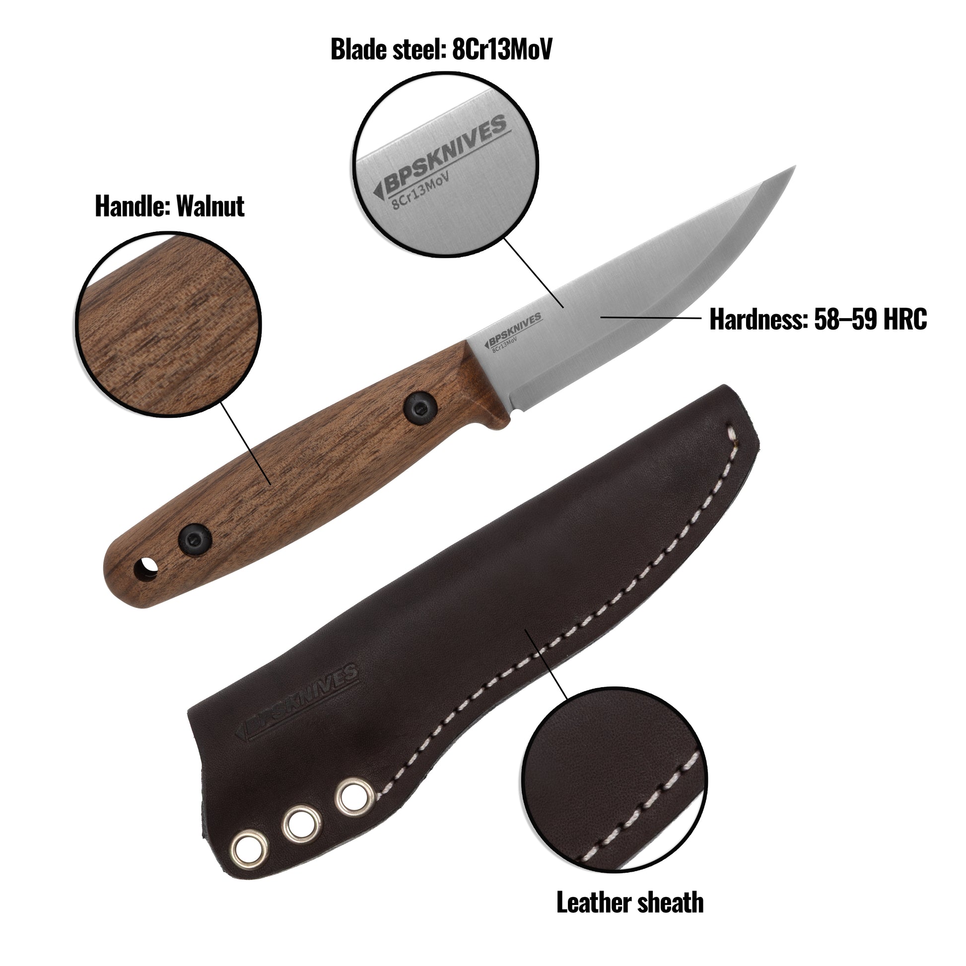 Knife with wooden handle and leather sheath, labeled with specifications on a white background.