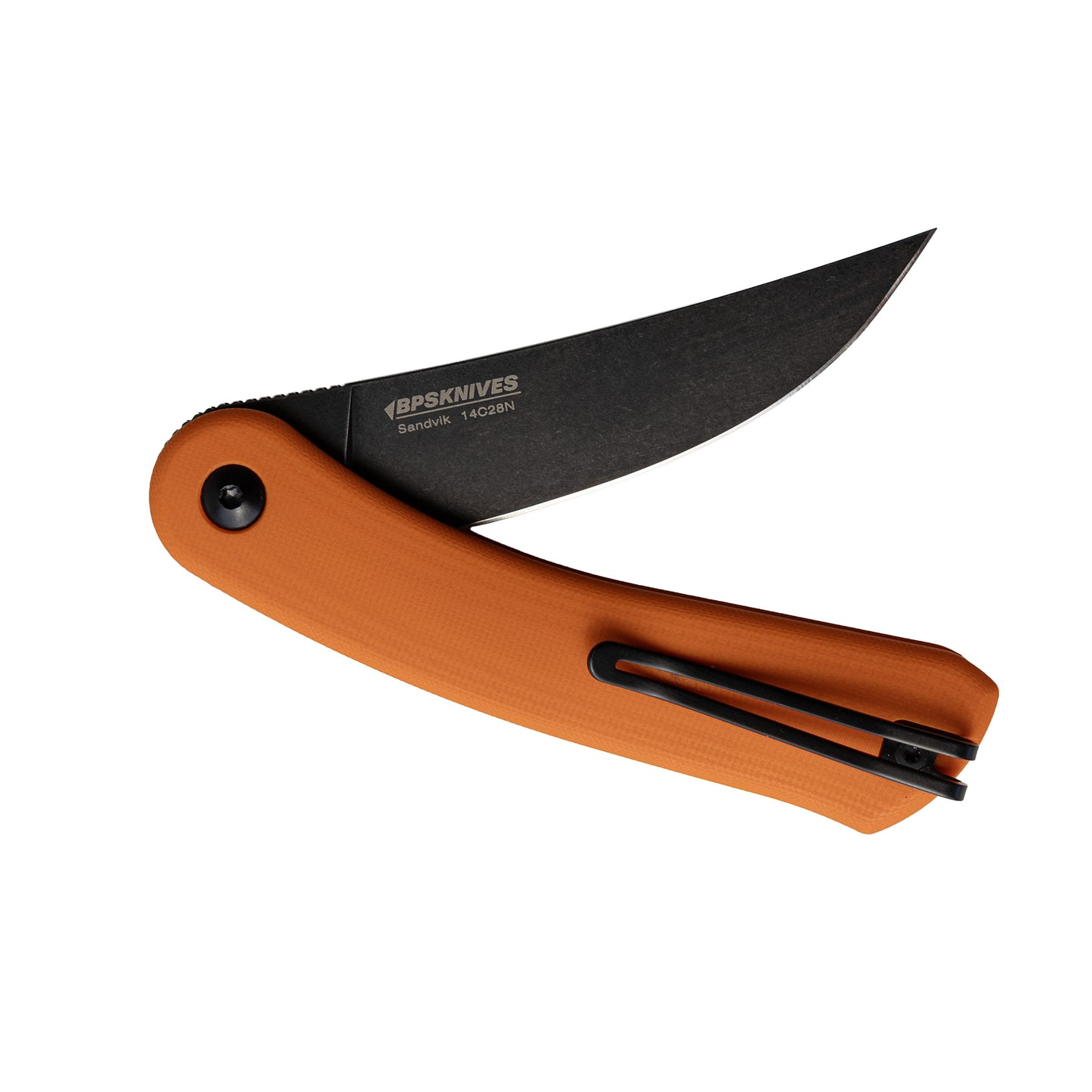 Folding knife with orange handle and black blade on a white background