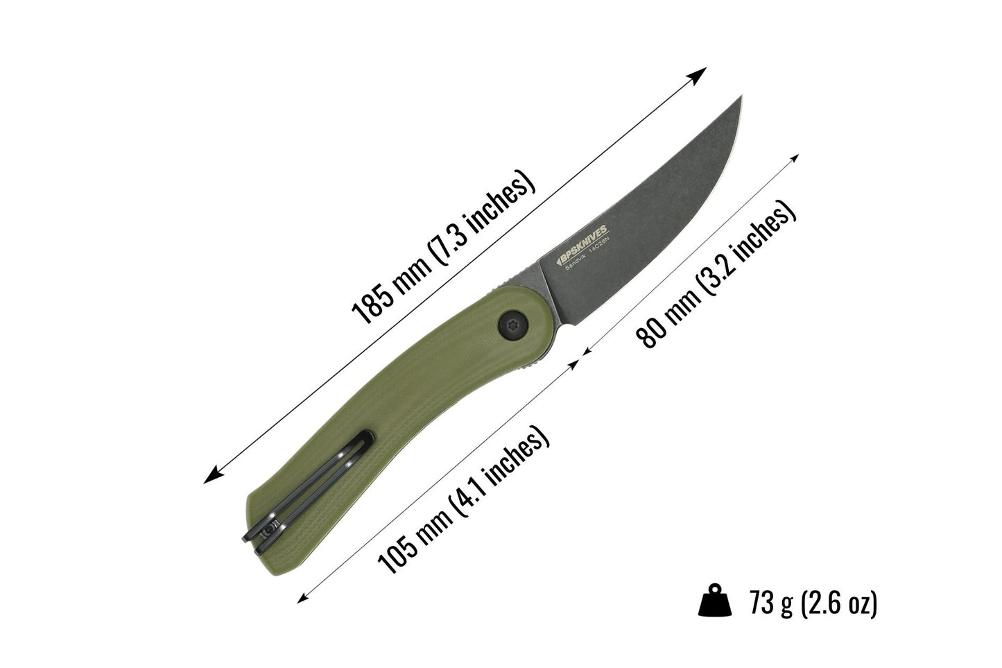 Green folding knife with measurements on a white background
