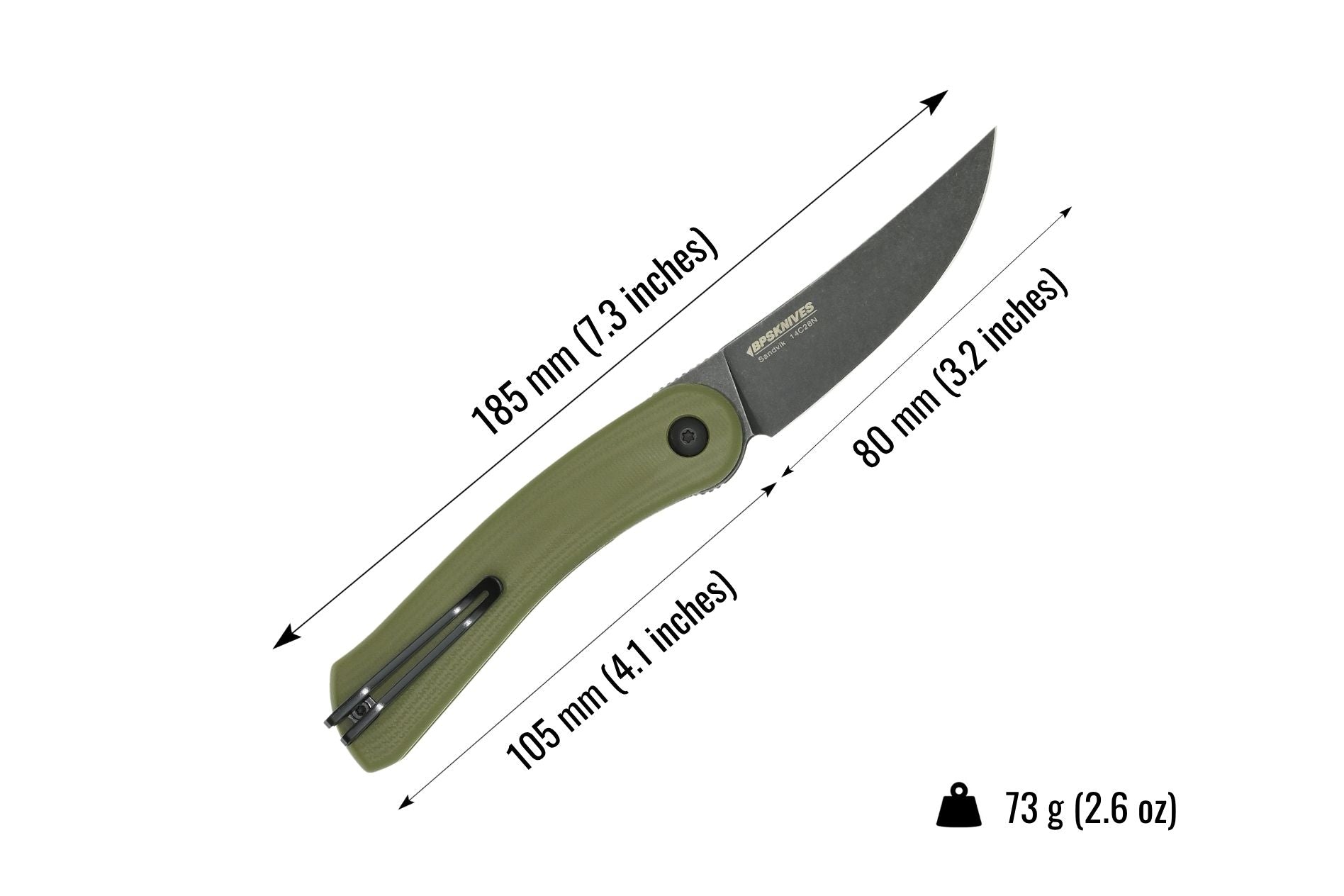 Green folding knife with measurements on a white background