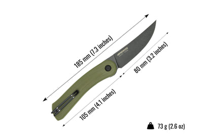 Green folding knife with measurements on a white background