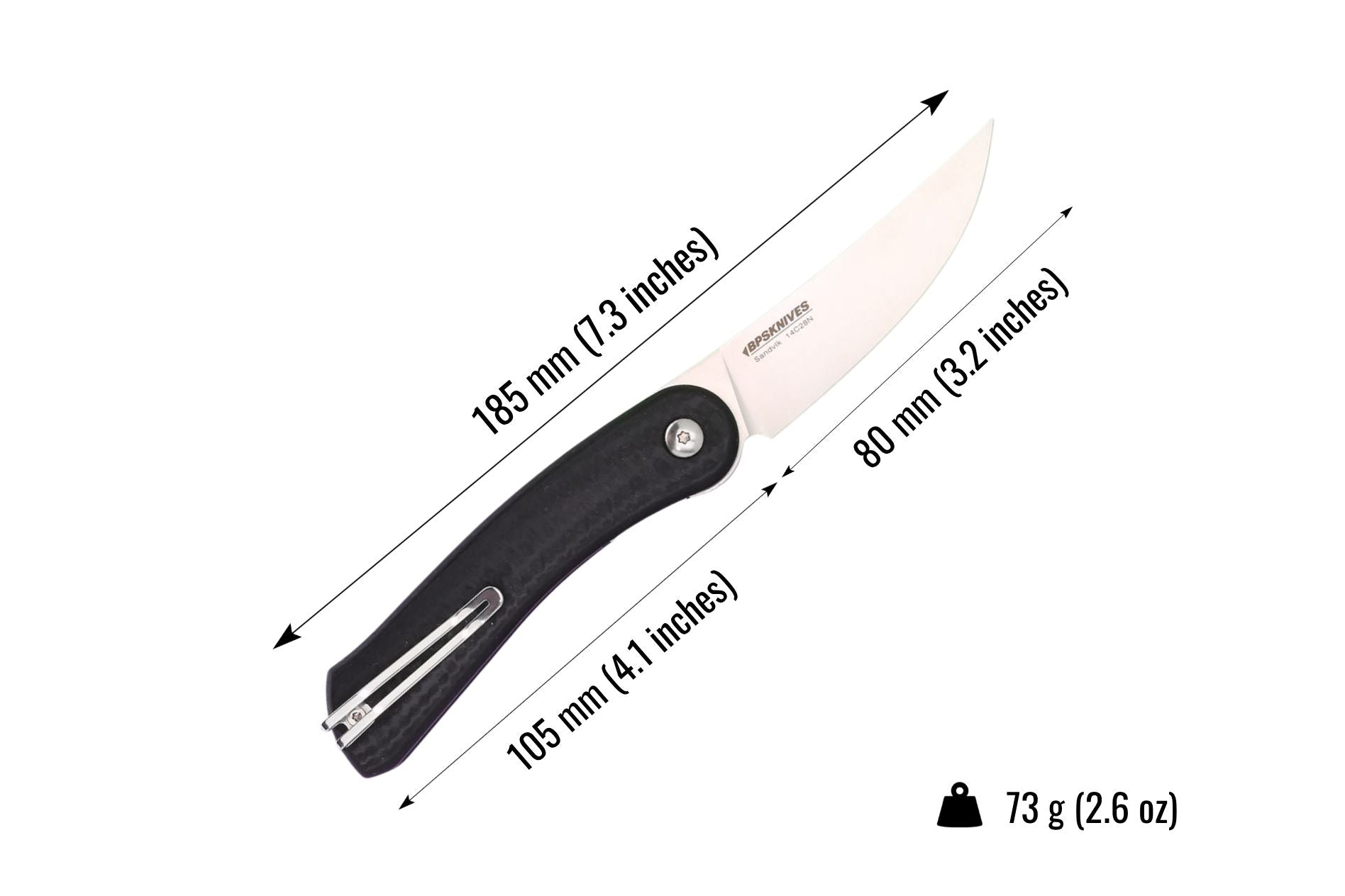 Folding knife with measurements on a white background