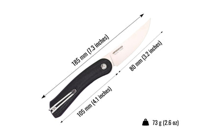 Folding knife with measurements on a white background