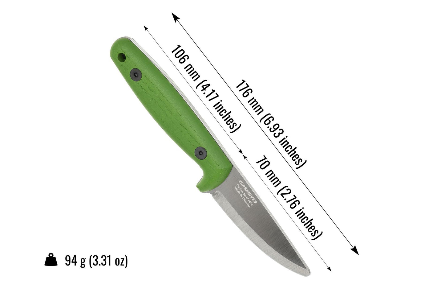 Green knife with measurements on a white background