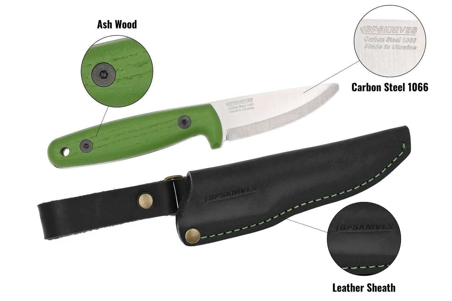 Knife with green handle and black leather sheath, labeled with material details.
