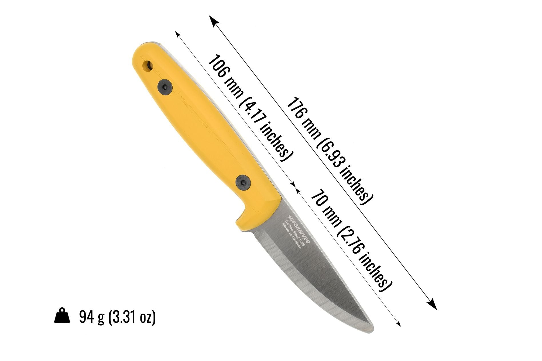 Knife with measurements on a white background