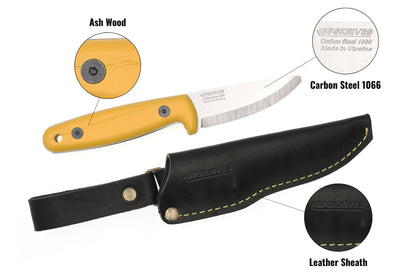 Knife with yellow handle and black leather sheath, labeled components on a white background