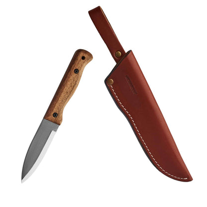 Knife with wooden handle and leather sheath on a white background
