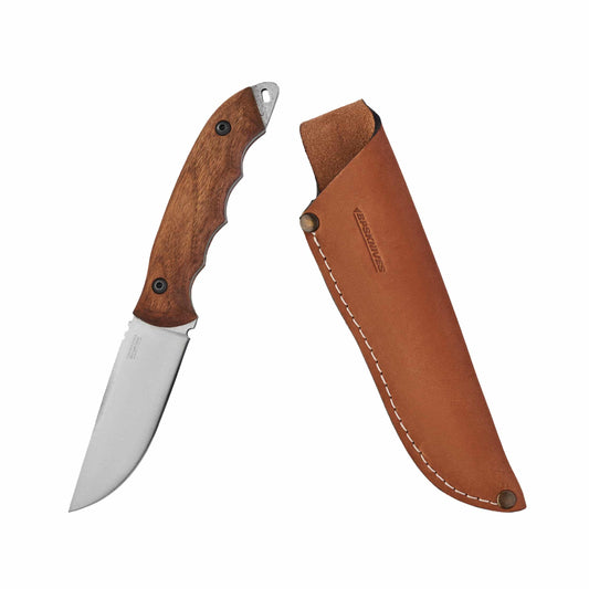 Knife with wooden handle and leather sheath on a white background