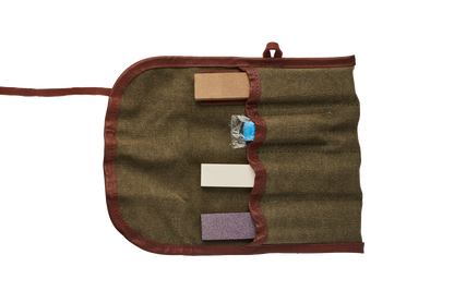 Brown fabric pouch with Sharpening Stones