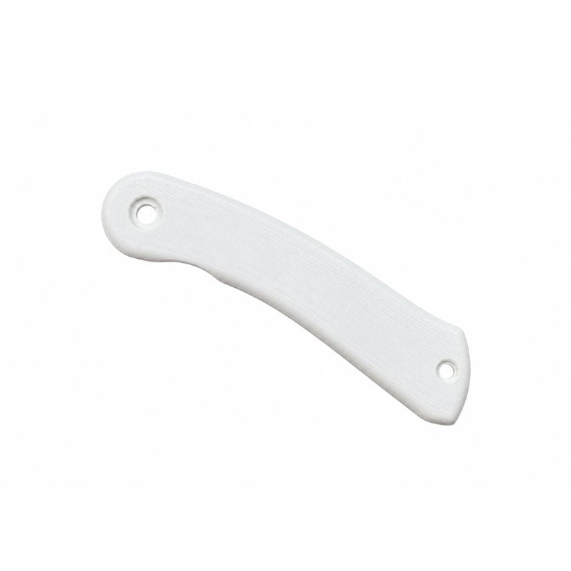 A white plastic replacement handle with two screw holes, shown on a plain white background.
