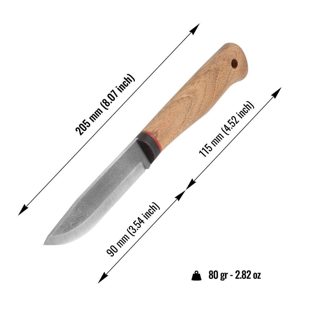 Knife with wooden handle and measurements on a white background